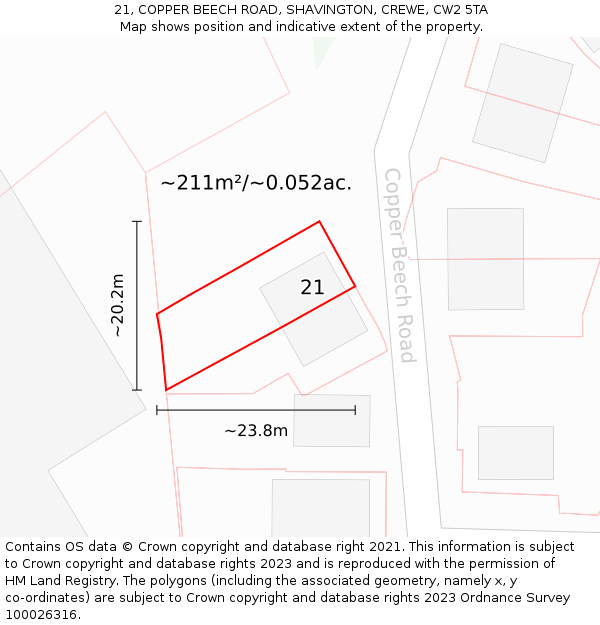 21, COPPER BEECH ROAD, SHAVINGTON, CREWE, CW2 5TA: Plot and title map