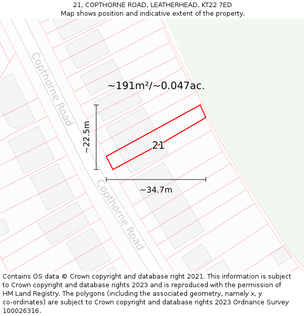 21, COPTHORNE ROAD, LEATHERHEAD, KT22 7ED: Plot and title map