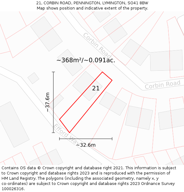 21, CORBIN ROAD, PENNINGTON, LYMINGTON, SO41 8BW: Plot and title map