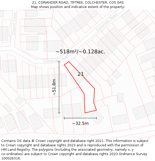 21, CORIANDER ROAD, TIPTREE, COLCHESTER, CO5 0AS: Plot and title map