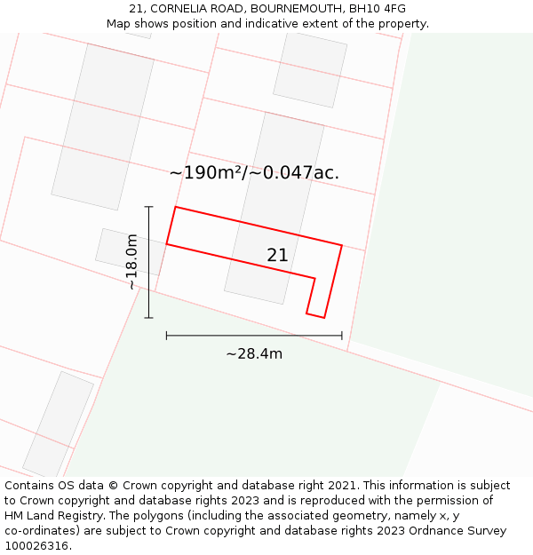 21, CORNELIA ROAD, BOURNEMOUTH, BH10 4FG: Plot and title map