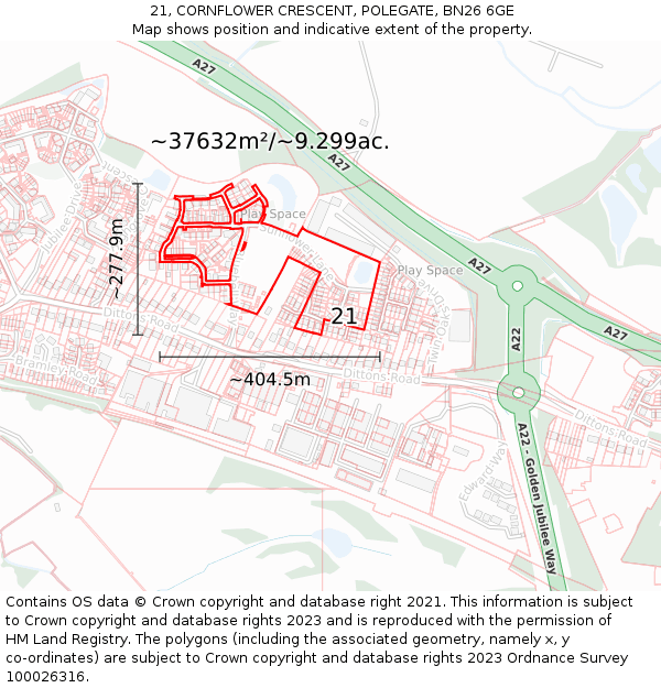 21, CORNFLOWER CRESCENT, POLEGATE, BN26 6GE: Plot and title map