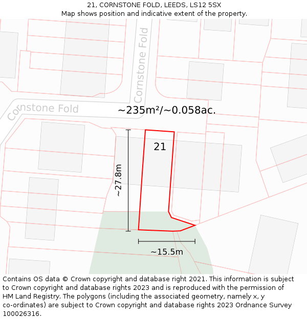 21, CORNSTONE FOLD, LEEDS, LS12 5SX: Plot and title map