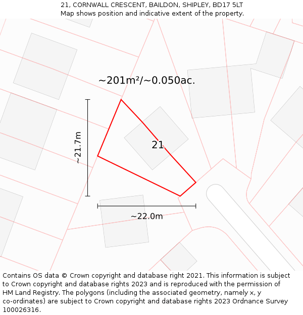 21, CORNWALL CRESCENT, BAILDON, SHIPLEY, BD17 5LT: Plot and title map