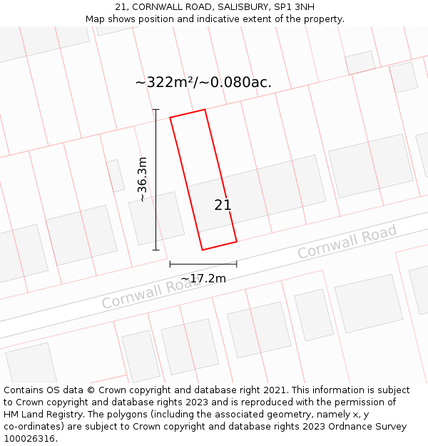 21, CORNWALL ROAD, SALISBURY, SP1 3NH: Plot and title map