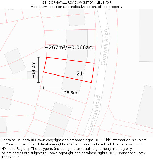 21, CORNWALL ROAD, WIGSTON, LE18 4XF: Plot and title map