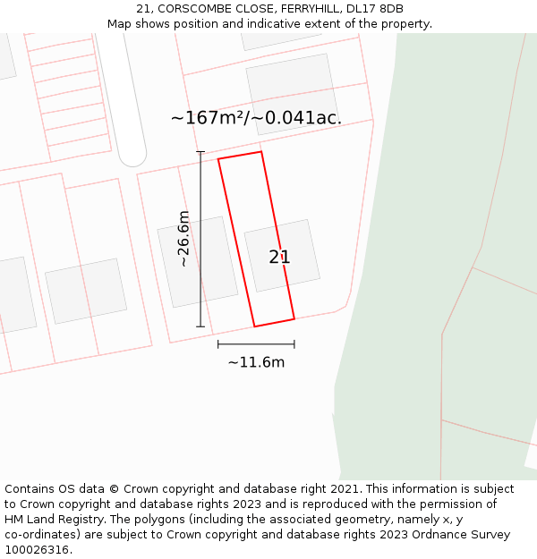 21, CORSCOMBE CLOSE, FERRYHILL, DL17 8DB: Plot and title map