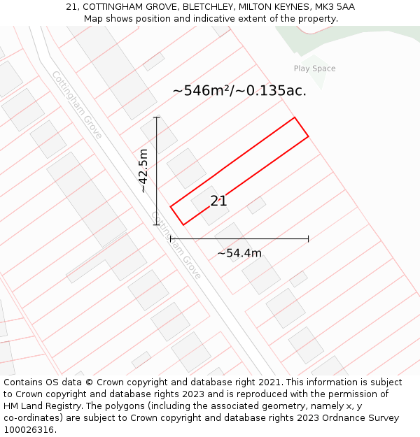 21, COTTINGHAM GROVE, BLETCHLEY, MILTON KEYNES, MK3 5AA: Plot and title map