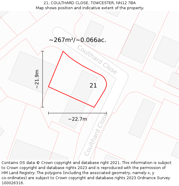 21, COULTHARD CLOSE, TOWCESTER, NN12 7BA: Plot and title map