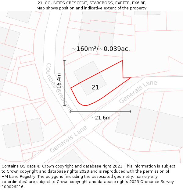 21, COUNTIES CRESCENT, STARCROSS, EXETER, EX6 8EJ: Plot and title map