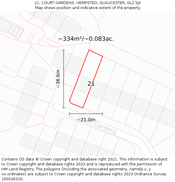21, COURT GARDENS, HEMPSTED, GLOUCESTER, GL2 5JX: Plot and title map