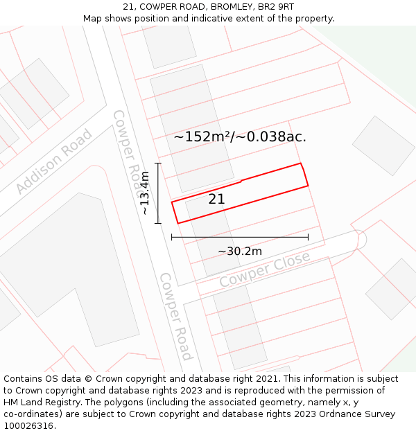21, COWPER ROAD, BROMLEY, BR2 9RT: Plot and title map