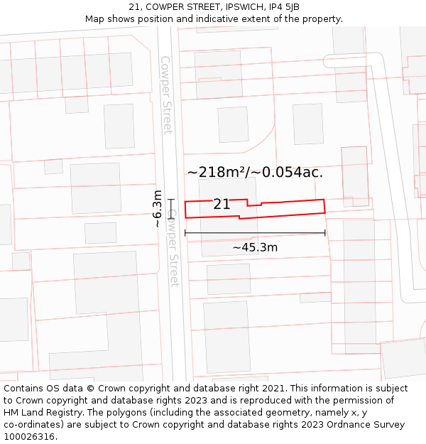 21, COWPER STREET, IPSWICH, IP4 5JB: Plot and title map