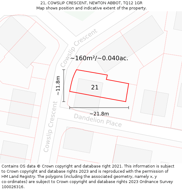 21, COWSLIP CRESCENT, NEWTON ABBOT, TQ12 1GR: Plot and title map
