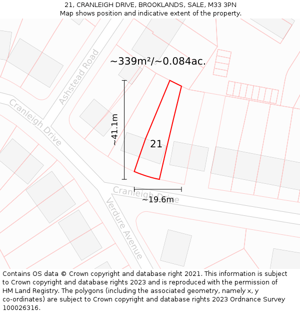 21, CRANLEIGH DRIVE, BROOKLANDS, SALE, M33 3PN: Plot and title map