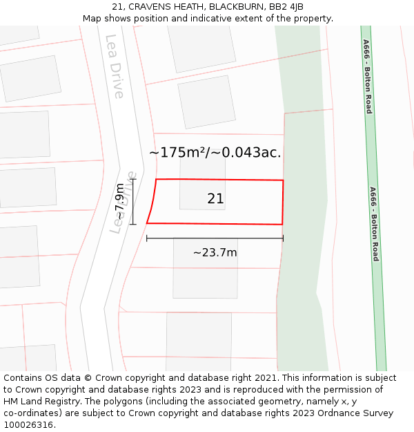 21, CRAVENS HEATH, BLACKBURN, BB2 4JB: Plot and title map