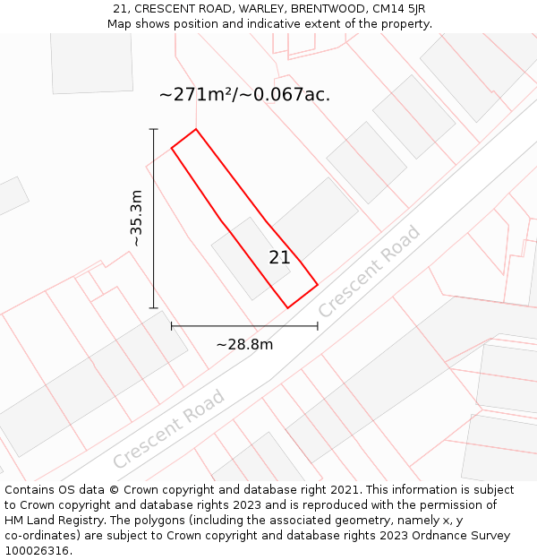 21, CRESCENT ROAD, WARLEY, BRENTWOOD, CM14 5JR: Plot and title map