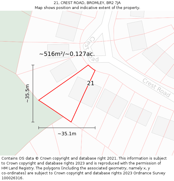 21, CREST ROAD, BROMLEY, BR2 7JA: Plot and title map
