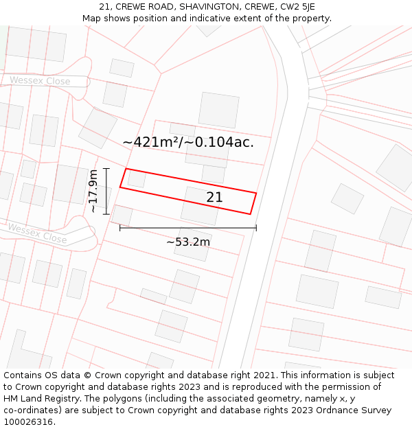 21, CREWE ROAD, SHAVINGTON, CREWE, CW2 5JE: Plot and title map