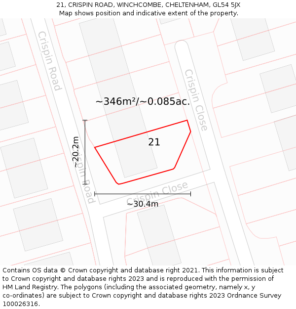 21, CRISPIN ROAD, WINCHCOMBE, CHELTENHAM, GL54 5JX: Plot and title map