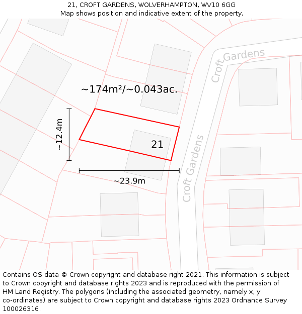 21, CROFT GARDENS, WOLVERHAMPTON, WV10 6GG: Plot and title map