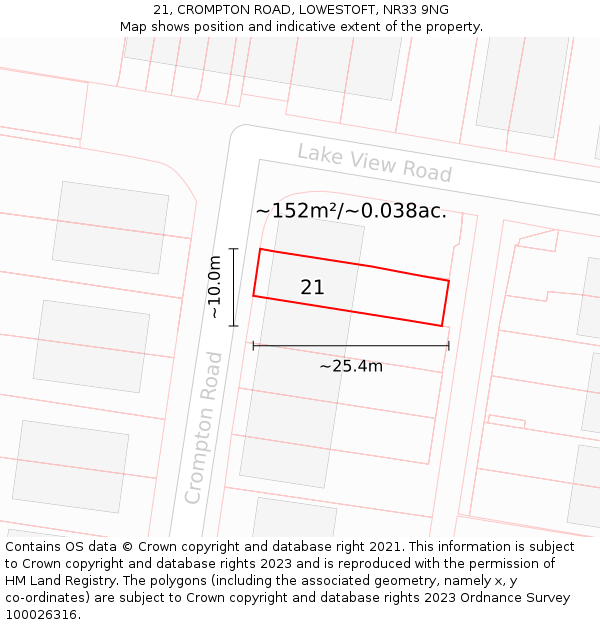 21, CROMPTON ROAD, LOWESTOFT, NR33 9NG: Plot and title map