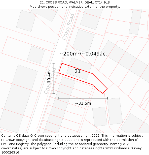 21, CROSS ROAD, WALMER, DEAL, CT14 9LB: Plot and title map