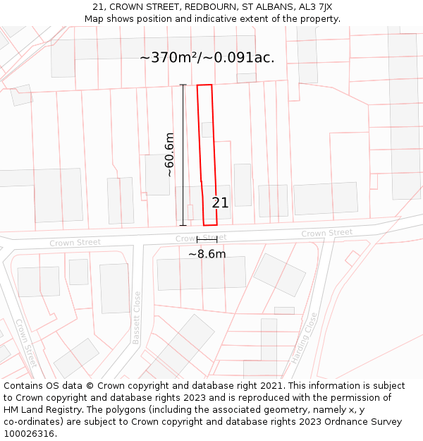 21, CROWN STREET, REDBOURN, ST ALBANS, AL3 7JX: Plot and title map