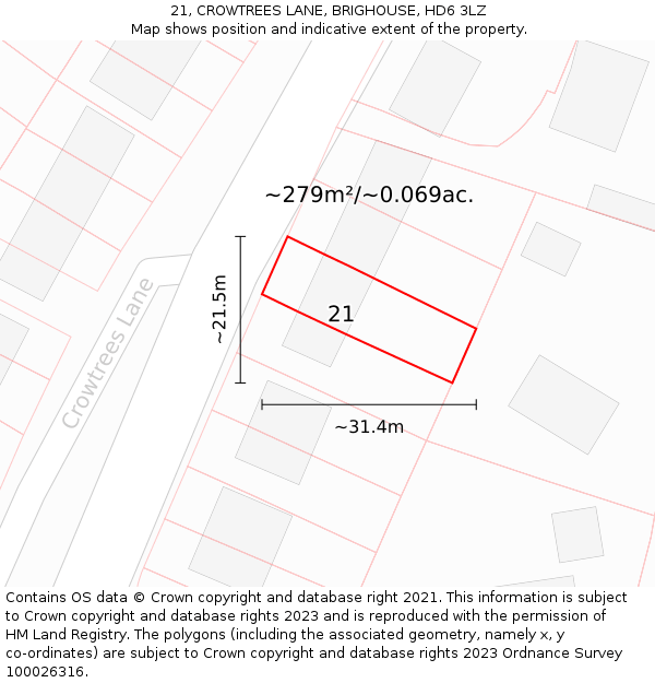21, CROWTREES LANE, BRIGHOUSE, HD6 3LZ: Plot and title map