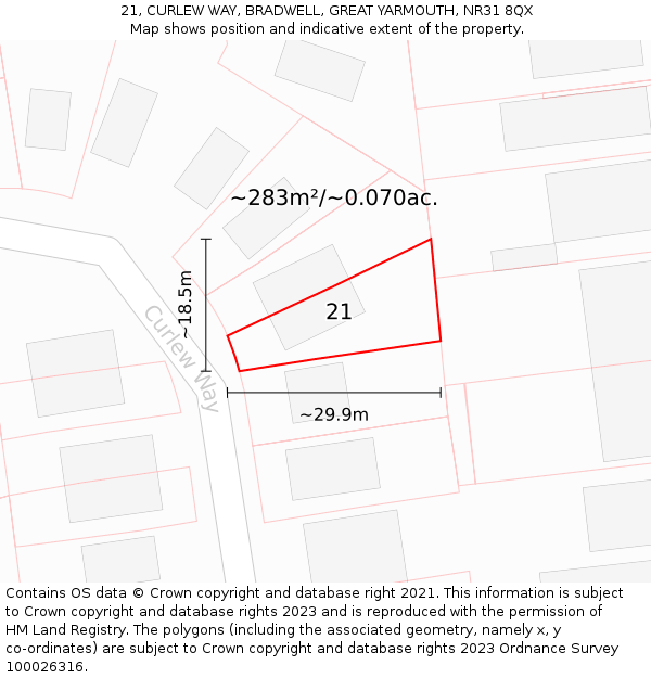 21, CURLEW WAY, BRADWELL, GREAT YARMOUTH, NR31 8QX: Plot and title map