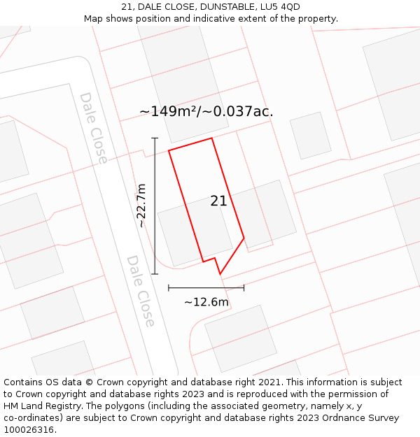 21, DALE CLOSE, DUNSTABLE, LU5 4QD: Plot and title map