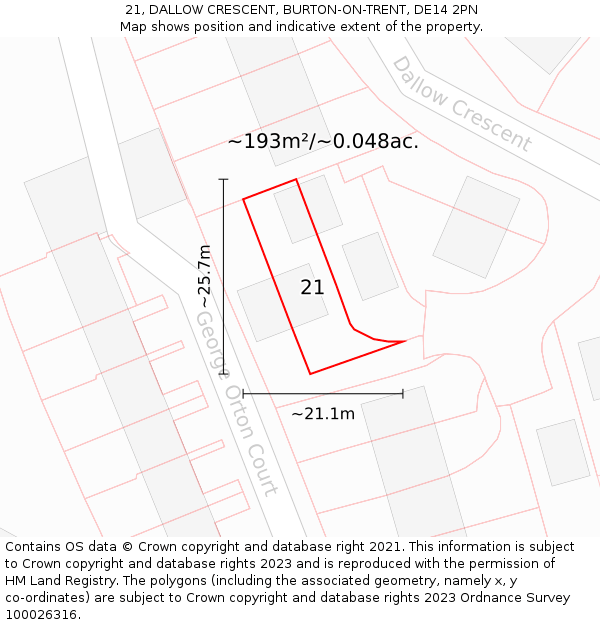 21, DALLOW CRESCENT, BURTON-ON-TRENT, DE14 2PN: Plot and title map