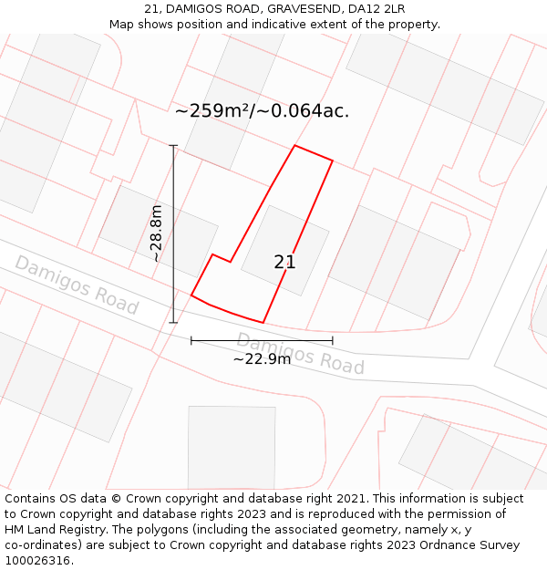 21, DAMIGOS ROAD, GRAVESEND, DA12 2LR: Plot and title map