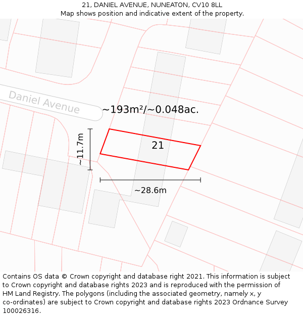 21, DANIEL AVENUE, NUNEATON, CV10 8LL: Plot and title map