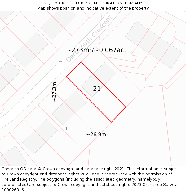 21, DARTMOUTH CRESCENT, BRIGHTON, BN2 4HY: Plot and title map