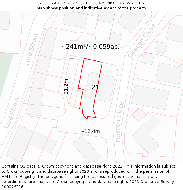 21, DEACONS CLOSE, CROFT, WARRINGTON, WA3 7EN: Plot and title map