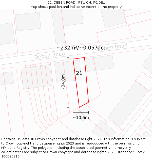 21, DEBEN ROAD, IPSWICH, IP1 5EL: Plot and title map