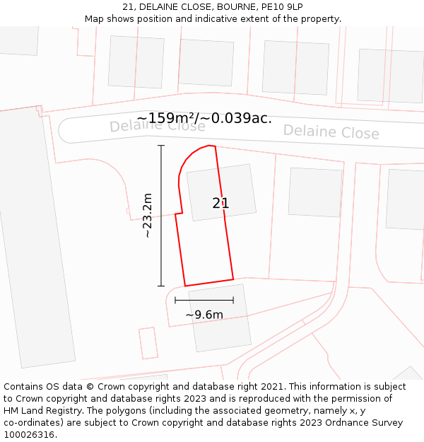 21, DELAINE CLOSE, BOURNE, PE10 9LP: Plot and title map