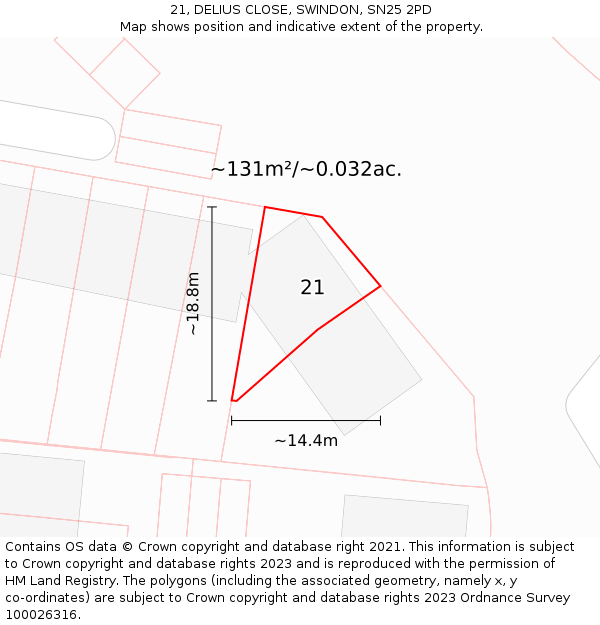 21, DELIUS CLOSE, SWINDON, SN25 2PD: Plot and title map