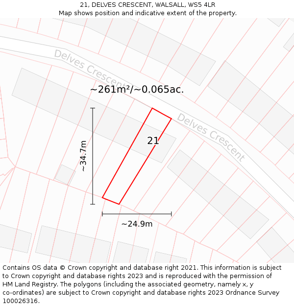 21, DELVES CRESCENT, WALSALL, WS5 4LR: Plot and title map