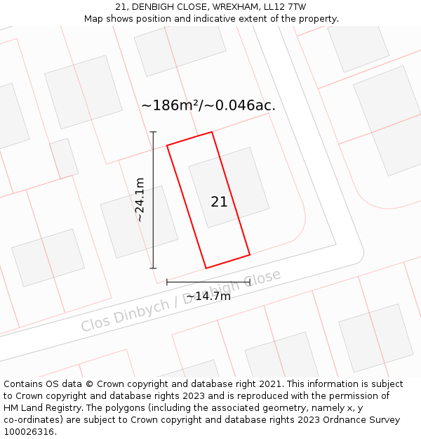 21, DENBIGH CLOSE, WREXHAM, LL12 7TW: Plot and title map