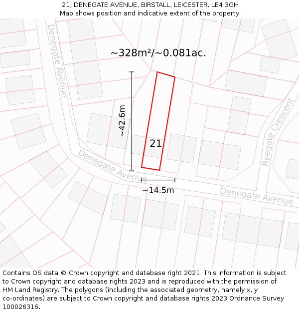 21, DENEGATE AVENUE, BIRSTALL, LEICESTER, LE4 3GH: Plot and title map