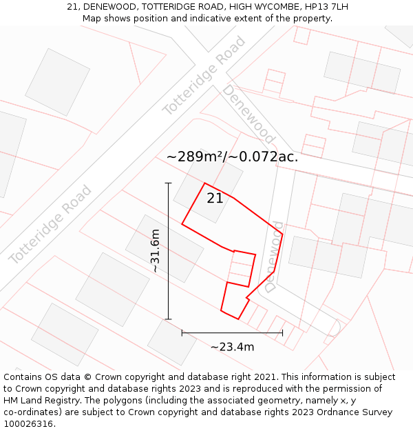 21, DENEWOOD, TOTTERIDGE ROAD, HIGH WYCOMBE, HP13 7LH: Plot and title map