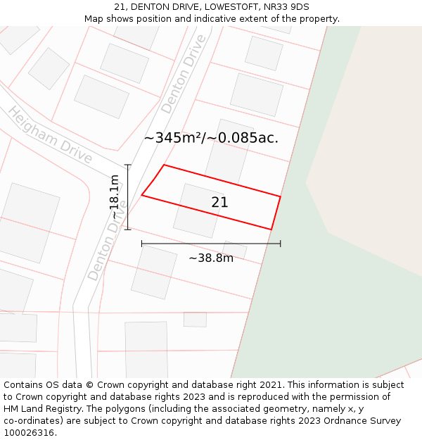 21, DENTON DRIVE, LOWESTOFT, NR33 9DS: Plot and title map