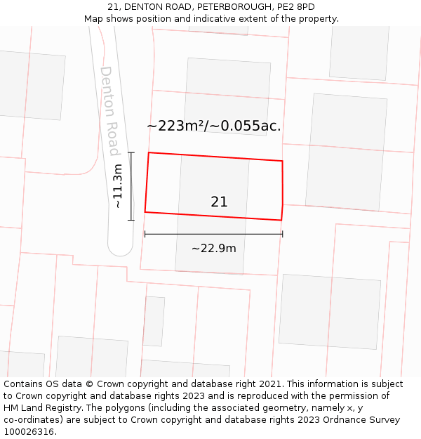 21, DENTON ROAD, PETERBOROUGH, PE2 8PD: Plot and title map