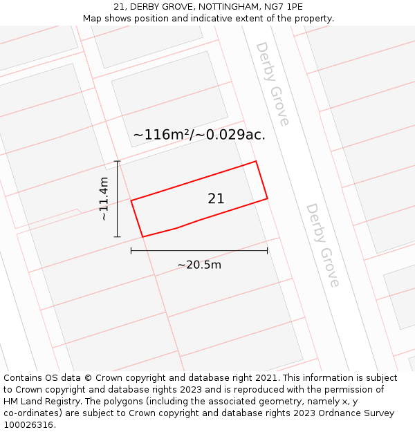 21, DERBY GROVE, NOTTINGHAM, NG7 1PE: Plot and title map