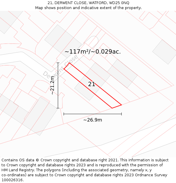 21, DERWENT CLOSE, WATFORD, WD25 0NQ: Plot and title map