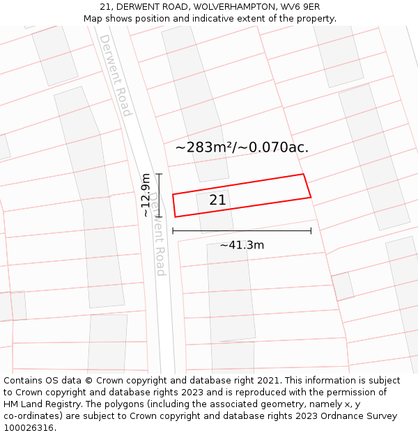 21, DERWENT ROAD, WOLVERHAMPTON, WV6 9ER: Plot and title map