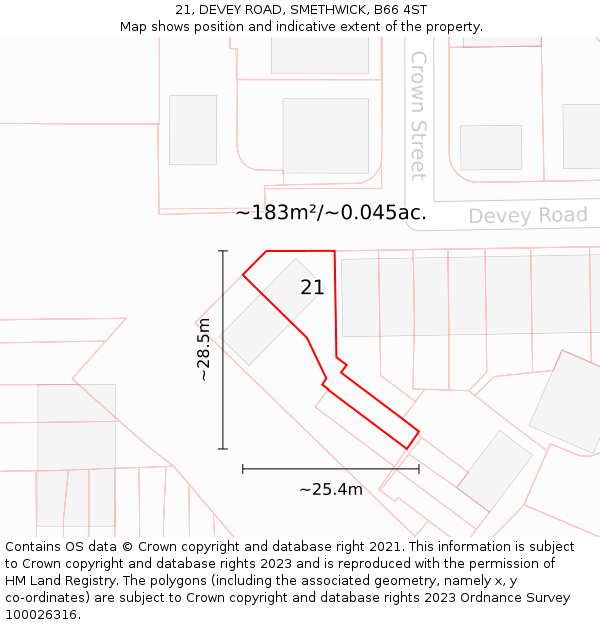 21, DEVEY ROAD, SMETHWICK, B66 4ST: Plot and title map