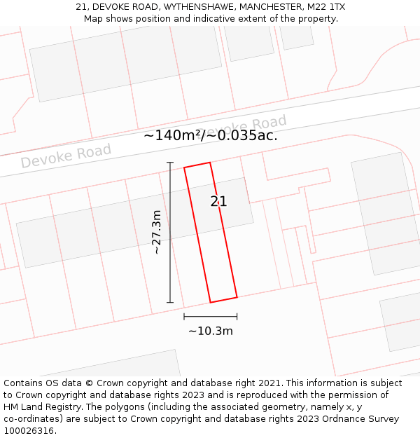 21, DEVOKE ROAD, WYTHENSHAWE, MANCHESTER, M22 1TX: Plot and title map